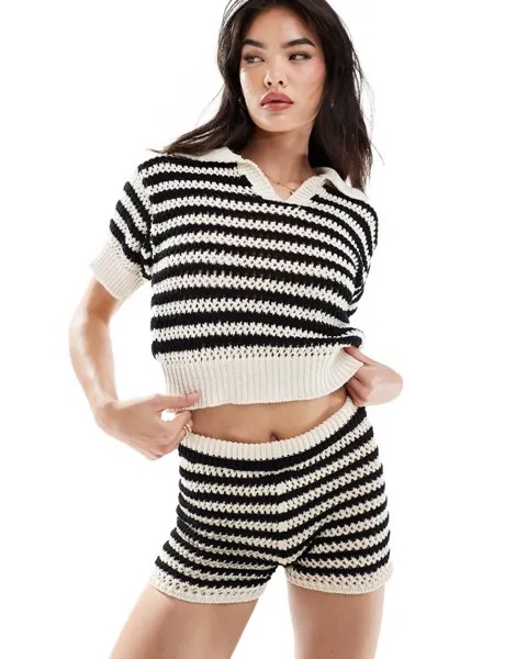 Черно-кремовый вязаный топ-поло в полоску ASOS DESIGN — часть комплекта