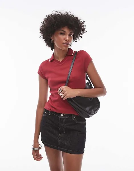 Topshop – Укороченный топ-поло красного цвета с декоративными полосками