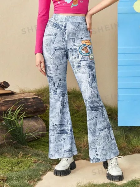 Расклешенные брюки SHEIN с буквенным и мультяшным рисунком, многоцветный