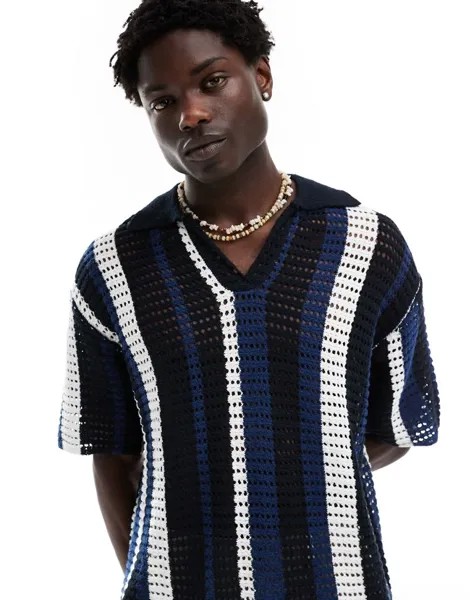 Свободная футболка-поло с полосками, связанной крючком, ASOS DESIGN