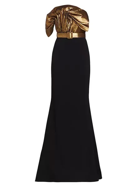 Скульптурное платье металлик с открытыми плечами Badgley Mischka, цвет black gold