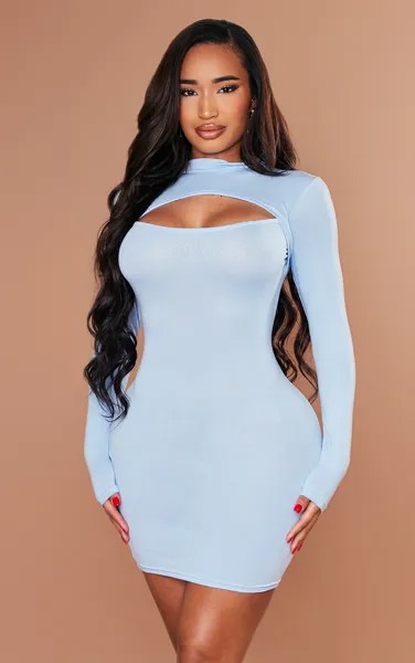 PrettyLittleThing Облегающее платье из джерси нежно-голубого цвета с вырезами и длинными рукавами