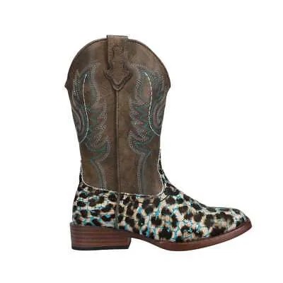 Roper Glitter Leopard Square Toe Cowboy Youth Girls Brown Casual Boots 09-018-1