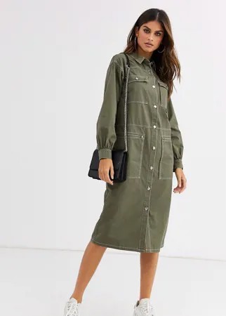 Платье-рубашка миди цвета хаки в стиле милитари ASOS DESIGN-Зеленый