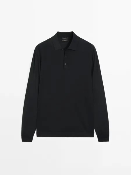 Свитер с воротником-поло из 100% мериносовой шерсти Massimo Dutti, черный
