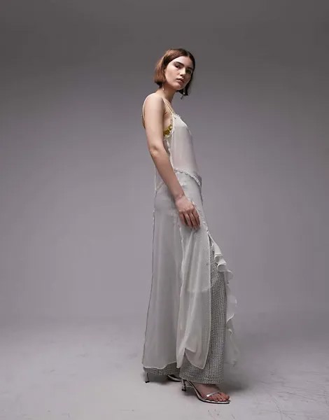 Topshop — длинное прозрачное платье цвета слоновой кости с рюшами