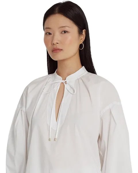Блуза LAUREN Ralph Lauren Cotton-Blend Tie-Neck Blouse, белый