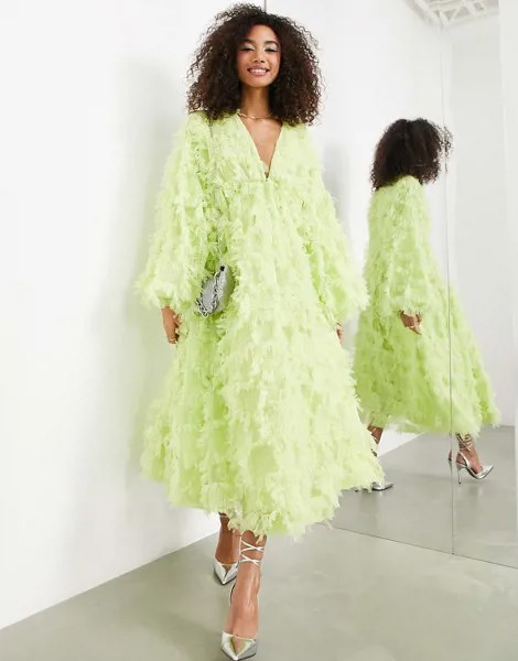 Платье миди из фактурной сетки выбеленного лаймового цвета с V-образным вырезом ASOS EDITION-Зеленый цвет