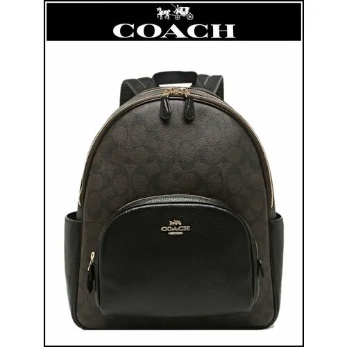 Рюкзак тоут Coach, фактура зернистая, тиснение, черный, коричневый