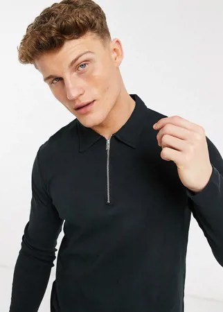 Черный лонгслив-поло с молнией на воротнике Selected Homme-Черный цвет