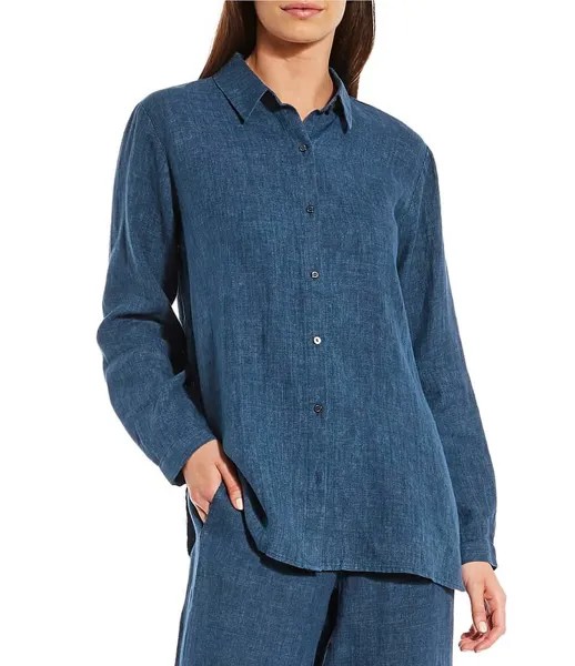 Классическая рубашка Eileen Fisher Delave из органического льна с заостренным воротником и длинными рукавами на пуговицах спереди, синий