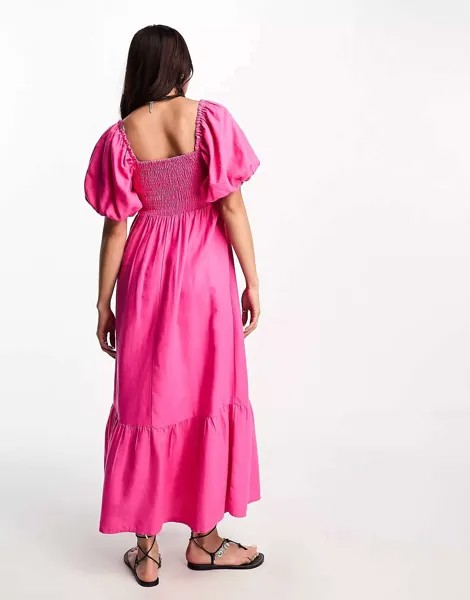 Ярко-розовое платье миди с пышными рукавами и присборенными верхом New Look