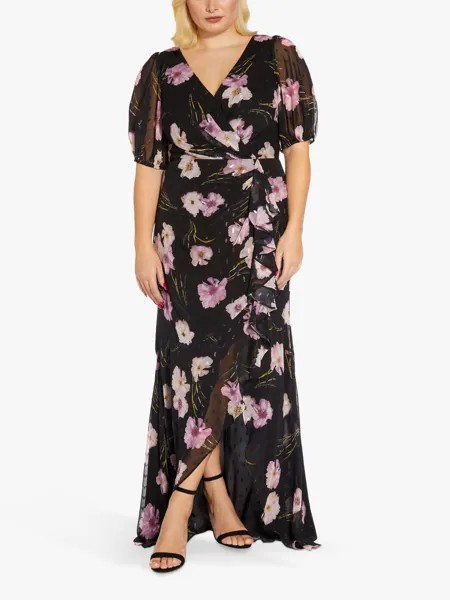 Adrianna Papell Plus Size Шифоновое платье макси с запахом и цветочным принтом, Черный/Мульти