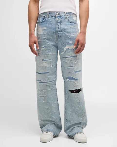 Мужские отремонтированные мешковатые джинсы с кристаллами Amiri, цвет Perfect Indigo