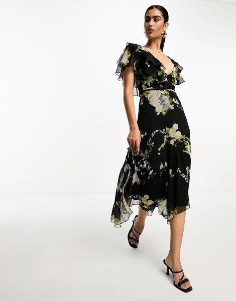 Платье миди Asos Design V Front V Back Ruffle With Flutter Sleeve And Tie Belt In Patchwork Floral Print, черный