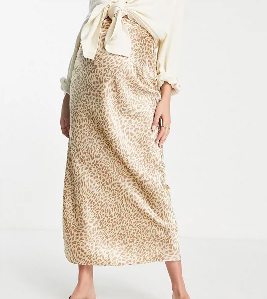 Бежевая атласная юбка миди косого кроя с леопардовым принтом Topshop Maternity-Светло-бежевый цвет