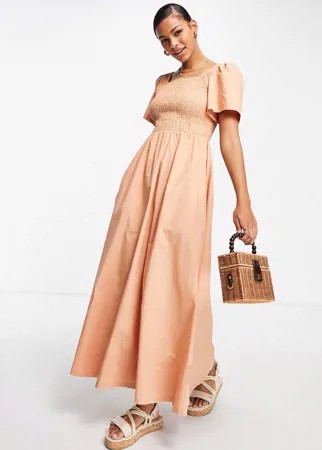 Песочное присборенное чайное платье макси из органического хлопка Pieces-Оранжевый цвет