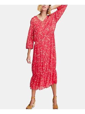 FREE PEOPLE Женское розовое платье с цветочным принтом и рукавами 3/4, V-образным вырезом, чайной длины, с заниженной талией, XS