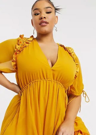 Платье мини с атласной оборкой и завязками ASOS DESIGN Curve-Желтый