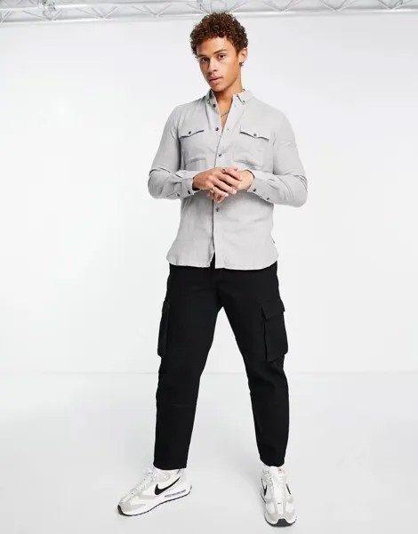 Светло-серая фланелевая рубашка с длинными рукавами и 2 карманами French Connection