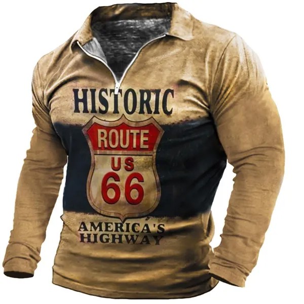 Мужская футболка-поло с длинным рукавом Route 66 America Highway Zip Polo