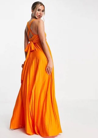 Оранжевое плиссированное платье макси с глубоким вырезом, перекрещенными бретелями и завязкой на спине ASOS DESIGN-Оранжевый цвет