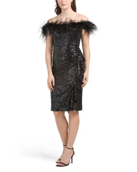 Мини-платье с открытыми плечами и пайетками, украшенное перьями Badgley Mischka, черный