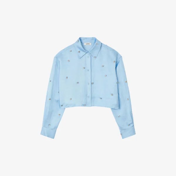 Укороченная атласная рубашка, украшенная стразами Sandro, цвет bleus
