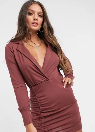 Присборенное платье-рубашка мини с длинными рукавами ASOS DESIGN Petite-Коричневый цвет