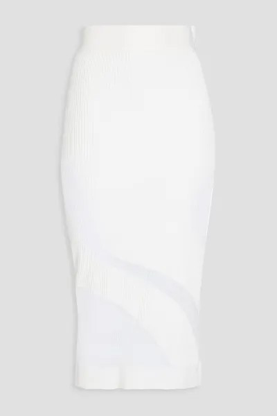 Юбка миди в рубчик с отделкой из тюля Hervé Léger, белый