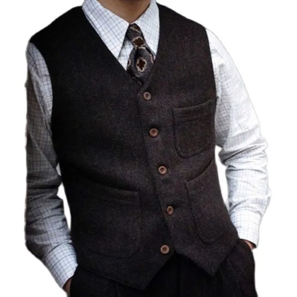 Пиджак мужской твидовый, элегантный классический облегающий свадебный жилет в викторианском стиле сафари, черный коричневый, винтажный ди...
