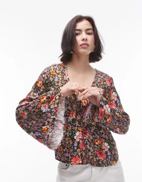 Жаккардовая блузка с жаккардовыми пуговицами и рукавами-фонариками Topshop