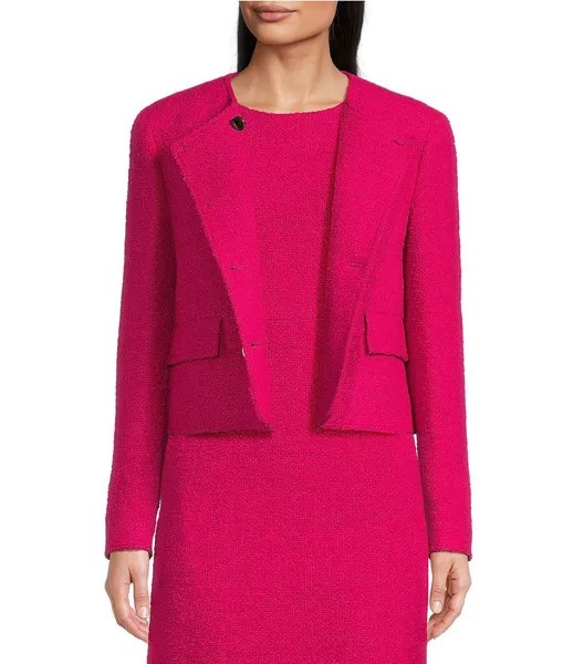 BOSS by Hugo Boss Jesetta Твидовый полушерстяной двубортный укороченный жакет с открытыми лацканами и длинными рукавами с клапаном и карманом, розовый