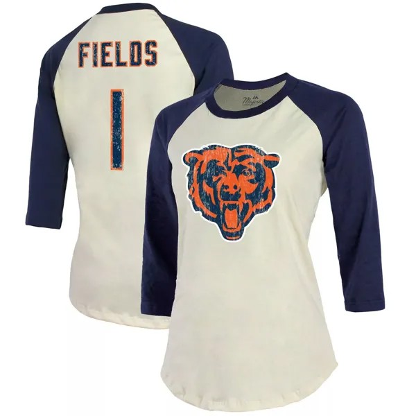 Женская футболка Fanatics с брендом Justin Fields кремового/темно-синего цвета Chicago Bears с именем и номером игрока реглан с рукавами 3/4