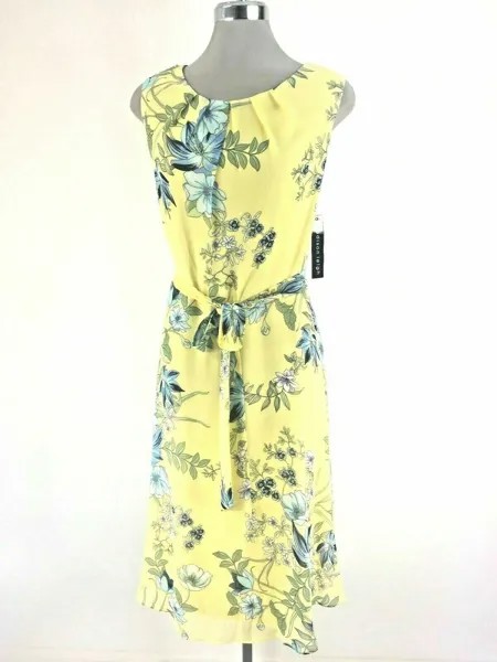 Madison Leigh НОВОЕ современное моющееся шифоновое платье ЖЕЛТОГО/БИРЮЗОВОГО цвета с цветочным принтом, размер 18