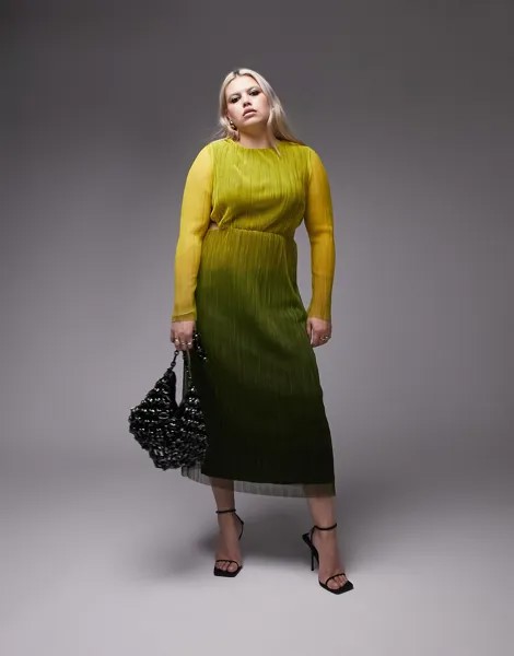 Разноцветное платье миди с эффектом омбре и длинными рукавами Topshop Curve