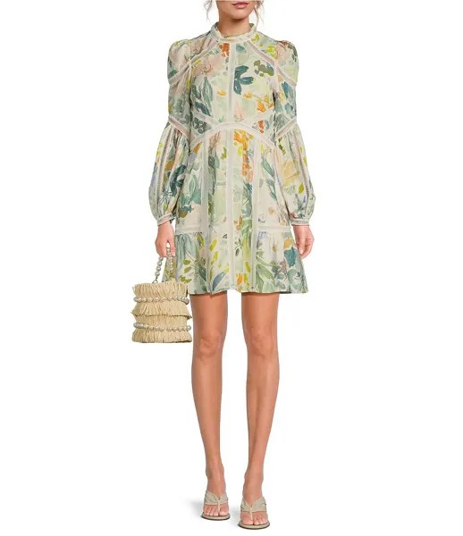 Льняное мини-платье Ted Baker London Tealan с цветочным принтом, кружевной отделкой и высоким воротником, с боковым карманом и длинными рукавами, цветочный
