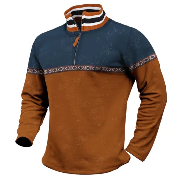 Мужской уличный повседневный пуловер на молнии в этническом стиле в стиле ретро с контрастным принтом и воротником-стойкой