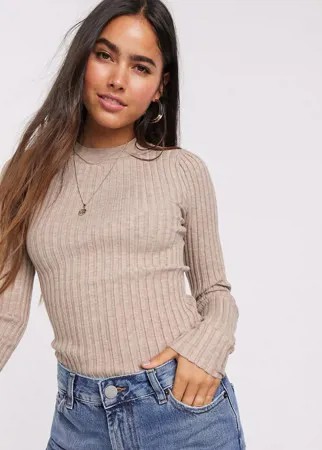 Облегающий джемпер в рубчик с круглым вырезом ASOS DESIGN-Neutral