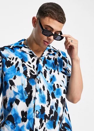 Синяя рубашка в стиле oversized с отложным воротником и леопардовым принтом Selected Homme – эксклюзивно для ASOS-Голубой