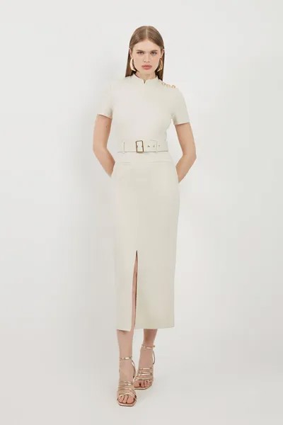 Платье миди из джерси с короткими рукавами и поясом из понте Karen Millen, белый