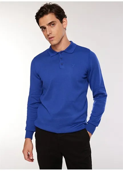 Синий однотонный мужской свитер с воротником поло Fabrika
