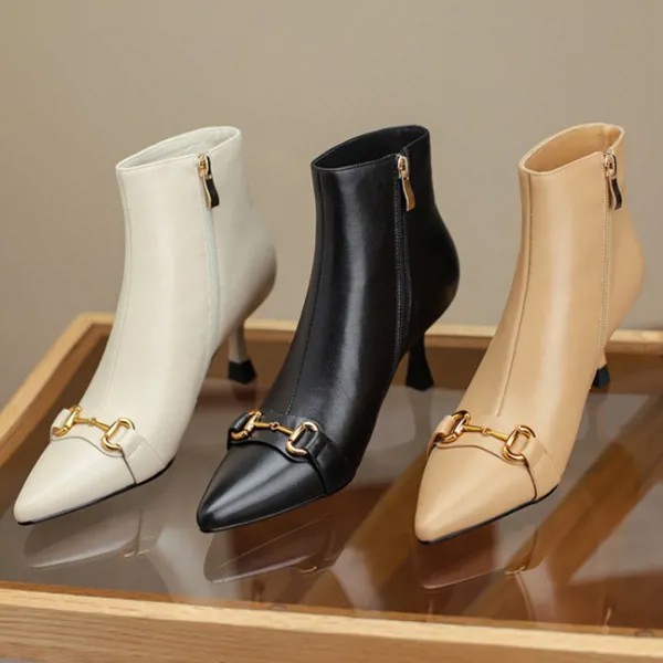 Осенне-зимние женские короткие ботинки, большие 43 кожаные ботинки, новая женская обувь на высоком плюшевом каблуке, кожаные модные ботинки телесного цвета