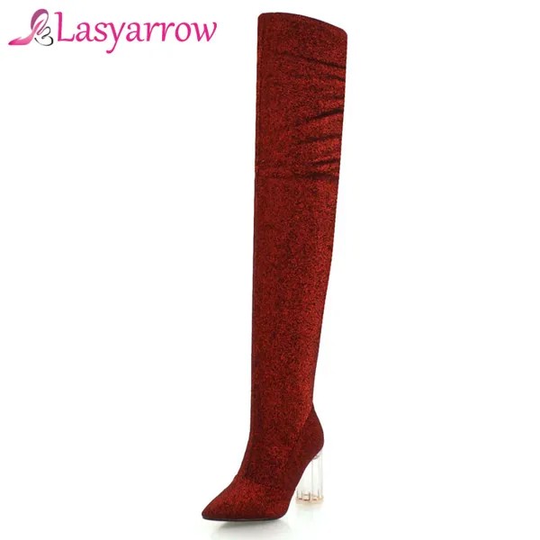 Сапоги Lasyarrow женские выше колена, пикантные ботфорты с заостренным носком, высокий каблук, свадебная обувь, черные красные, золотые, серебри...
