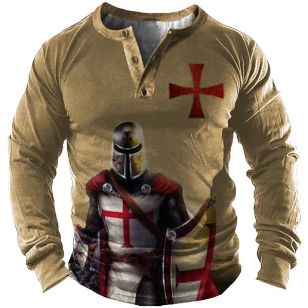 Мужская винтажная рубашка с длинными рукавами Henley с принтом Knights Templar Cross Cross