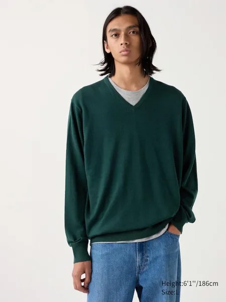 Джемпер из мериноса с v образным вырезом Uniqlo, зеленый