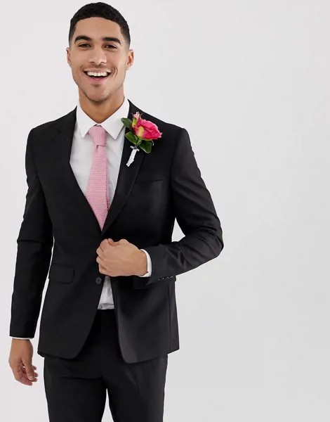 Черный свадебный приталенный пиджак Burton Menswear-Черный цвет