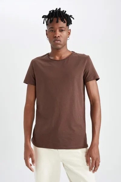 Облегающая футболка из 100% хлопка с круглым вырезом DeFacto, коричневый