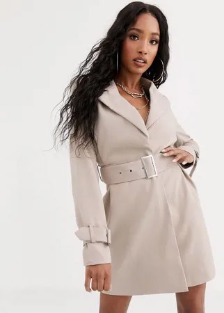 Бежевое платье-пиджак мини с поясом NA-KD-Бежевый