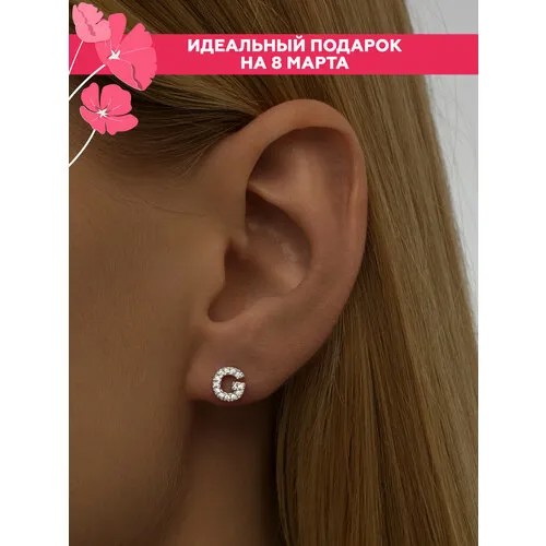 Серьги MIESTILO моносерьга одиночная пусета с буквой ювелирная, серебро, 925 проба, родирование, фианит, размер/диаметр 7 мм, длина 6 см, серебряный